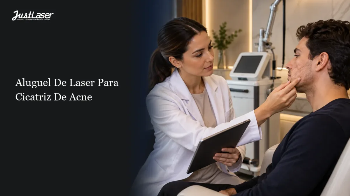 Profissional avaliando o rosto de um paciente ao lado do equipamento — aluguel de laser para cicatriz de acne