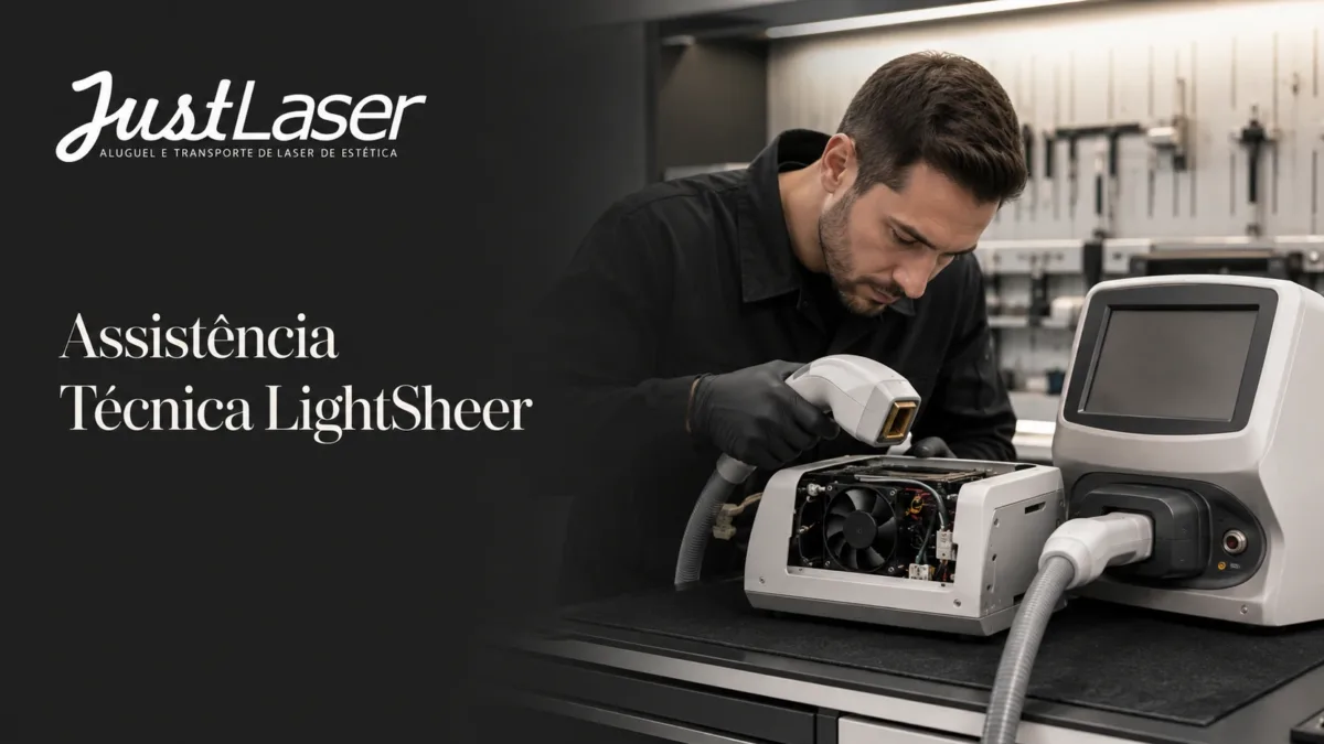Assistência técnica LightSheer Técnico segurando a ponteira ao lado do aparelho aberto na bancada — assistência técnica LightSheer