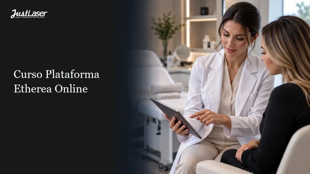Curso da plataforma Etherea online Treinamento com tablet ao lado da maca em sala de procedimento — curso da plataforma Etherea online